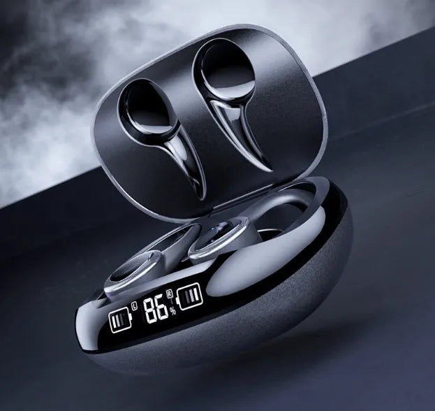 Black and silver true wireless Bluetooth in-ear headphones with charging case.