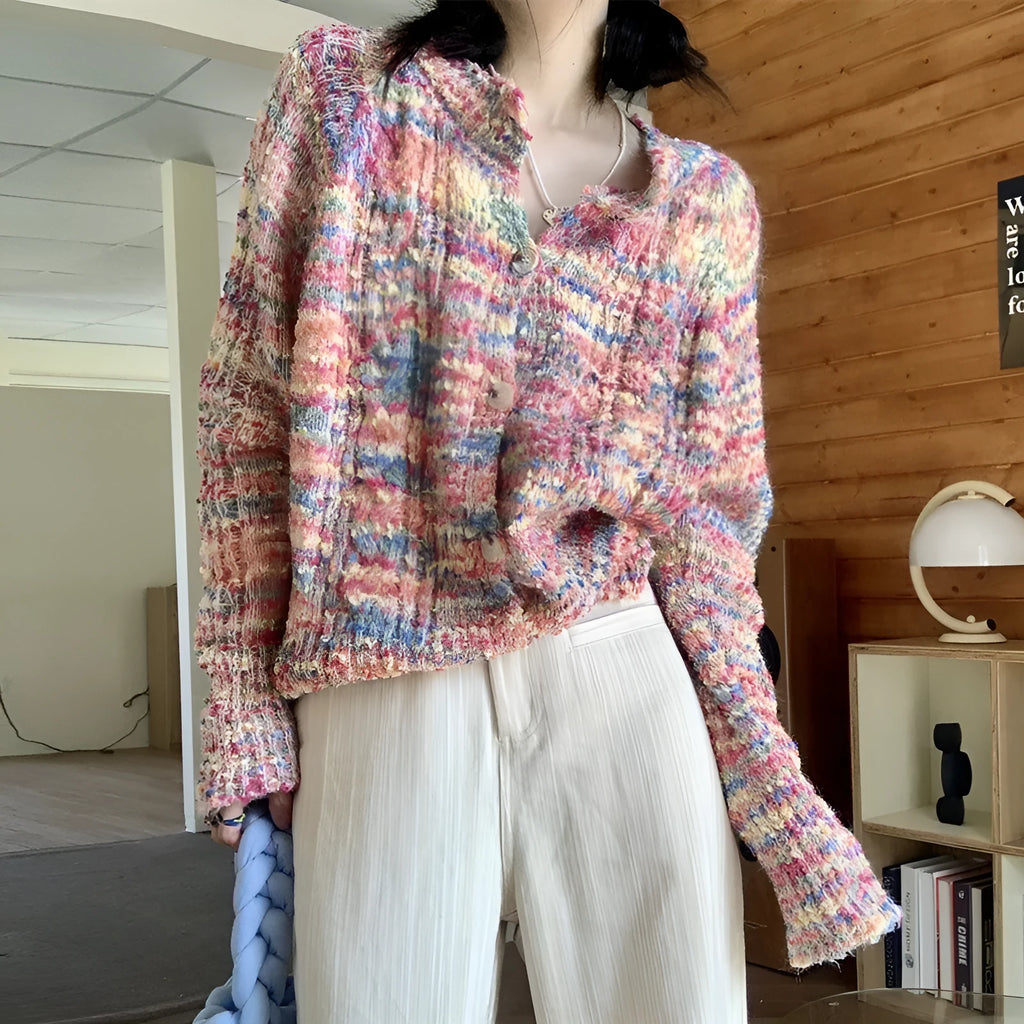 Retro rainbow knitted cardigan in toothbrush hair fabric with ice cream pink and green colour options