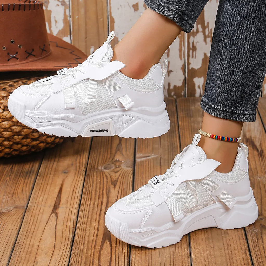 Women's purple platform mesh dad shoes with animal pattern and lace-up front