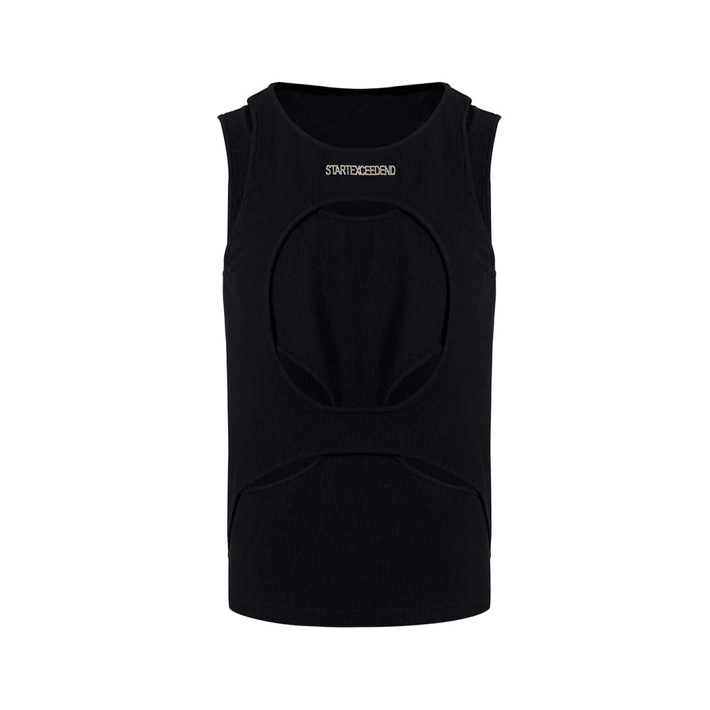 Men's loose fit sleeveless waistcoat vest in black shown on a hanger
