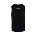 Men's loose fit sleeveless waistcoat vest in black shown on a hanger