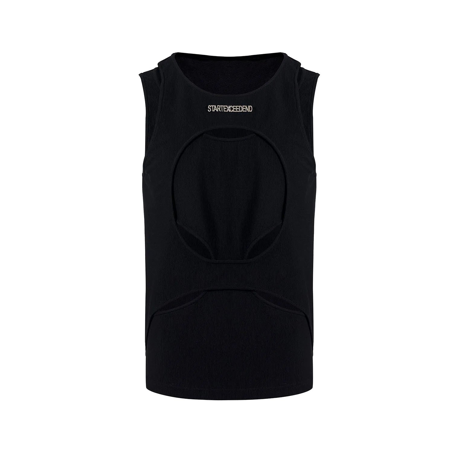 Men's loose fit sleeveless waistcoat vest in black shown on a hanger