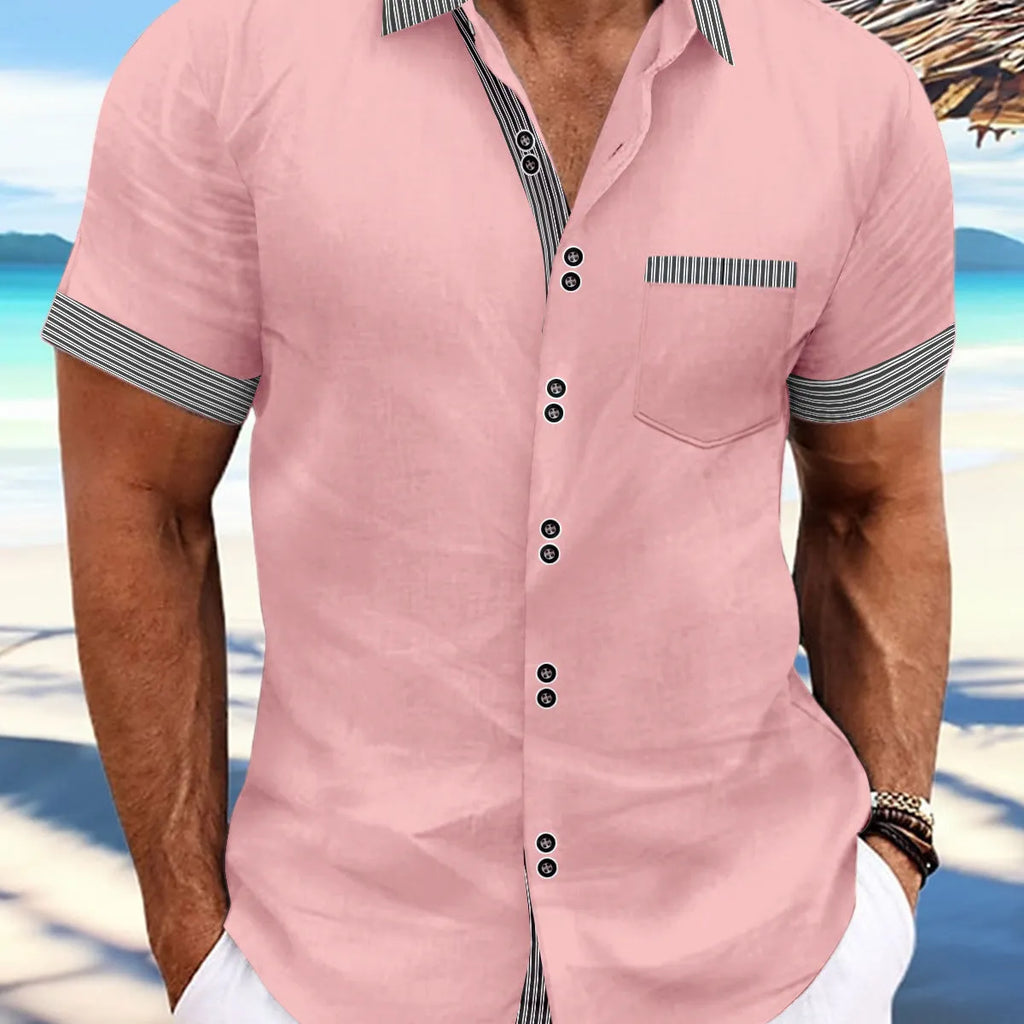 Men's slim fit pure cotton striped casual shirt with short sleeves and double button front