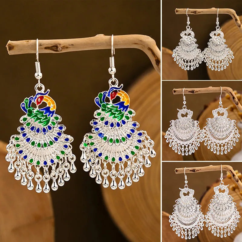 Cloisonne peacock earrings with Miao silver phoenix totem in gold electroplated finish