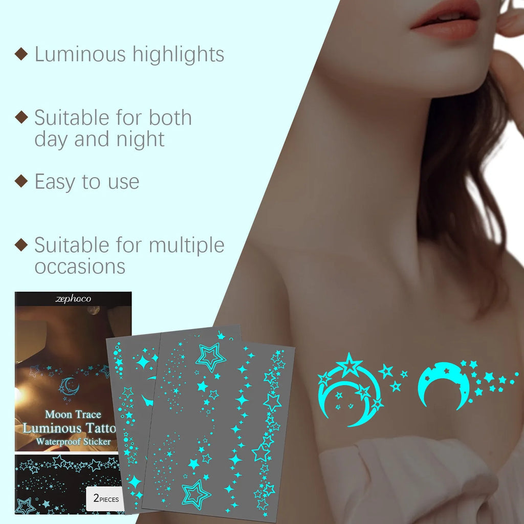 Pack of two luminous tattoo stickers and a tube of tattoo paste for glow parties.