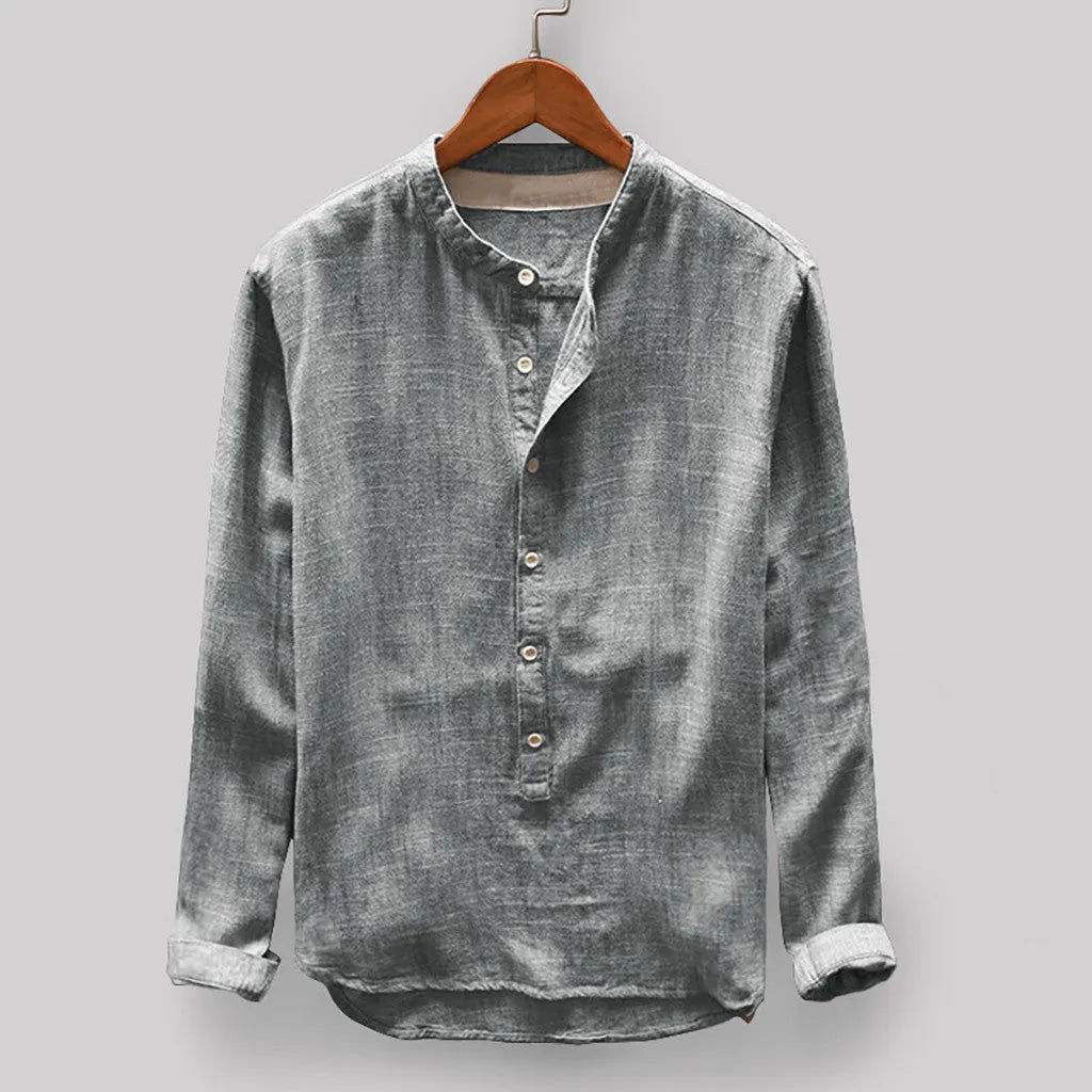 Men's solid colour casual shirt in a cotton and linen blend, shown in dark blue.