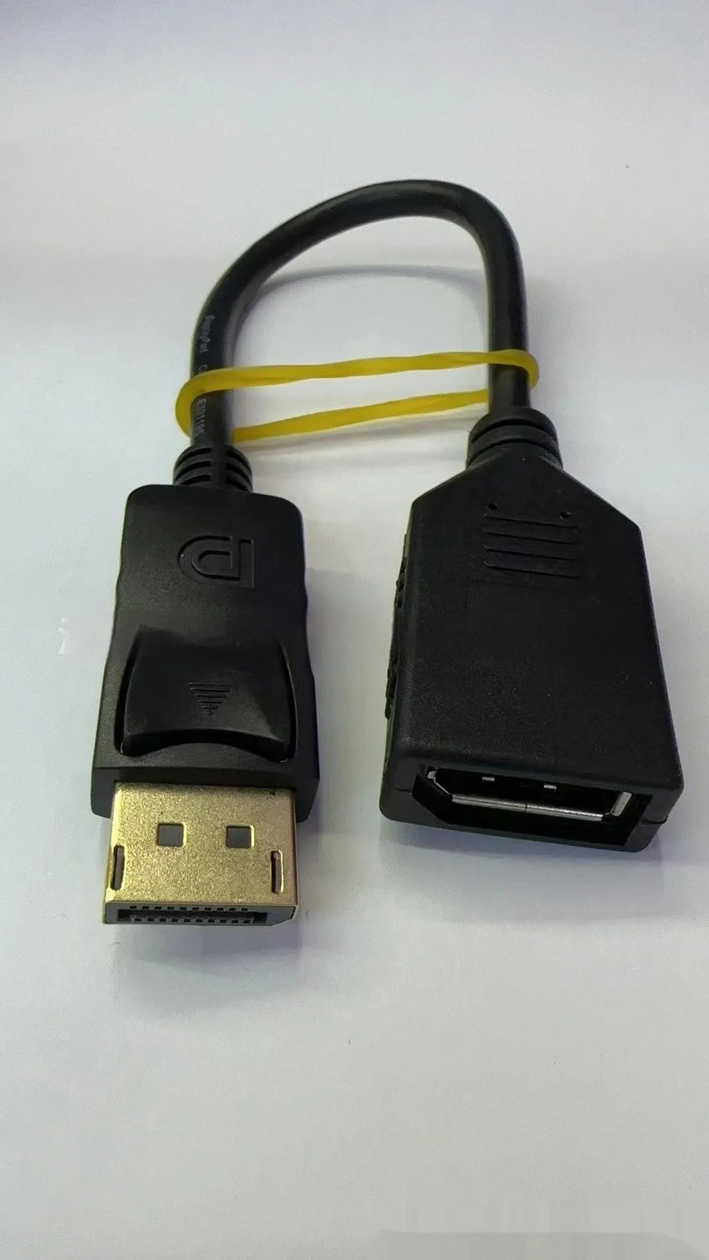Black DisplayPort male to female extension cable with rotating busbar, approximately 10cm long