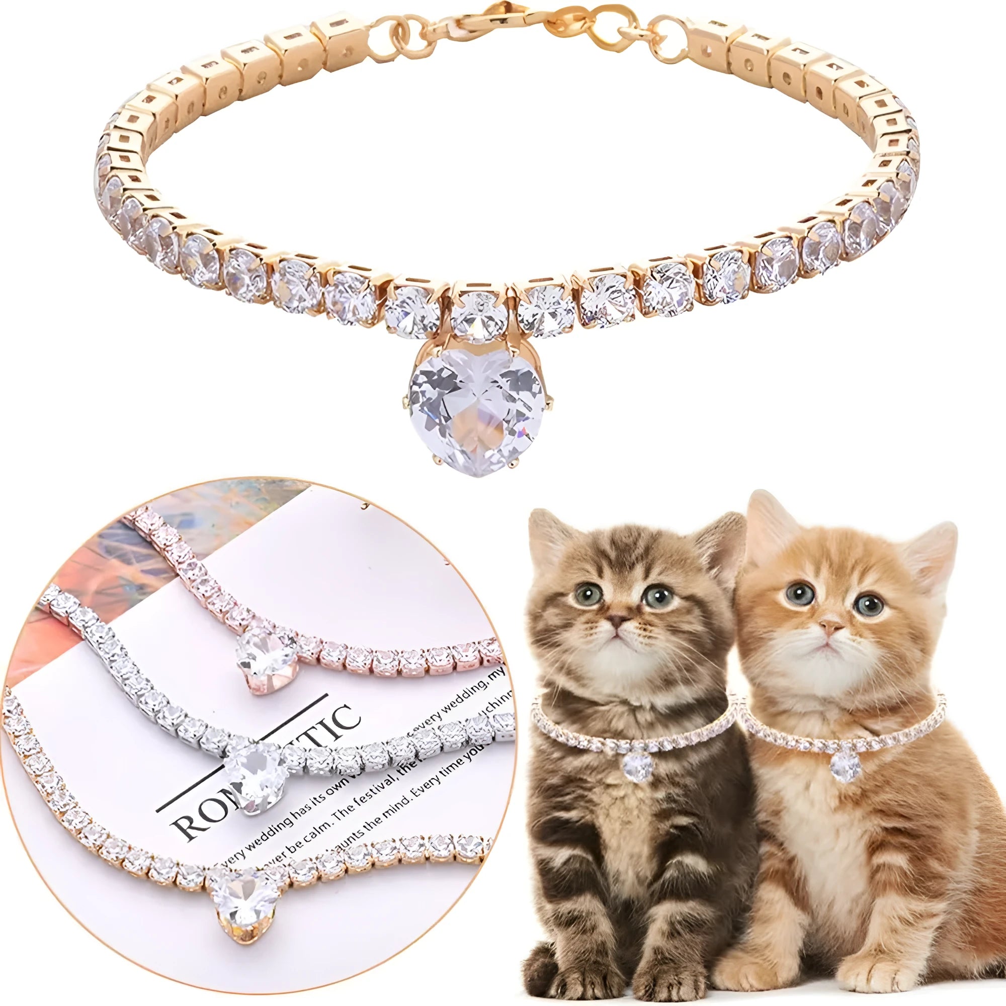 Gold rhinestone heart shaped pet collar with extension chain on white background