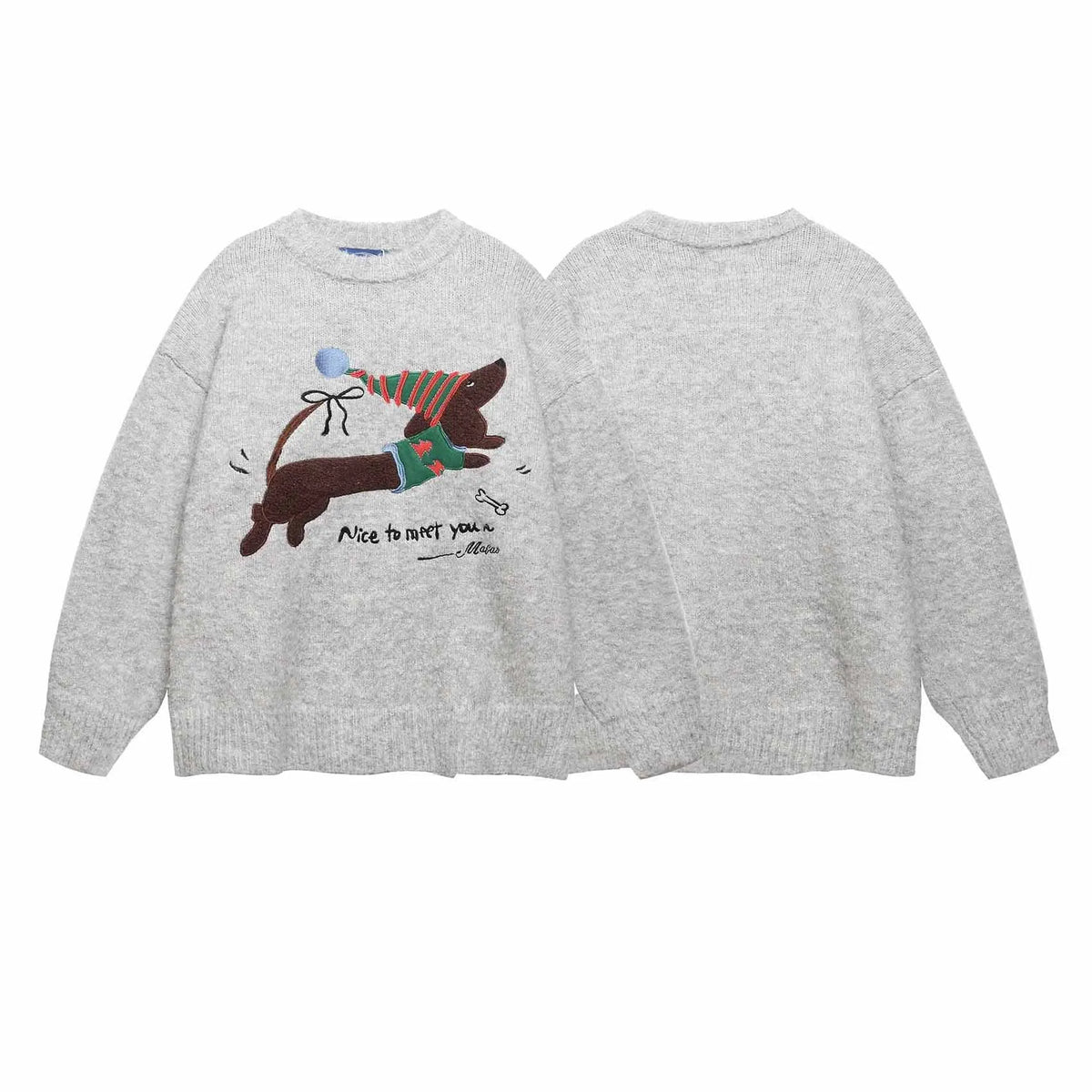 Gray American retro round neck sweater with Christmas hat puppy embroidery design for teenagers, loose fit, polyester fabric