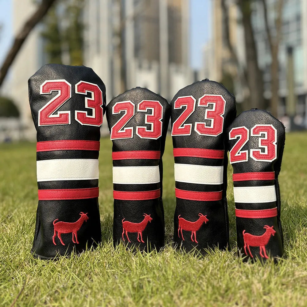 Set of four coloured PU golf club sleeves for iron head protection, including fairway, No1, and putter designs.
