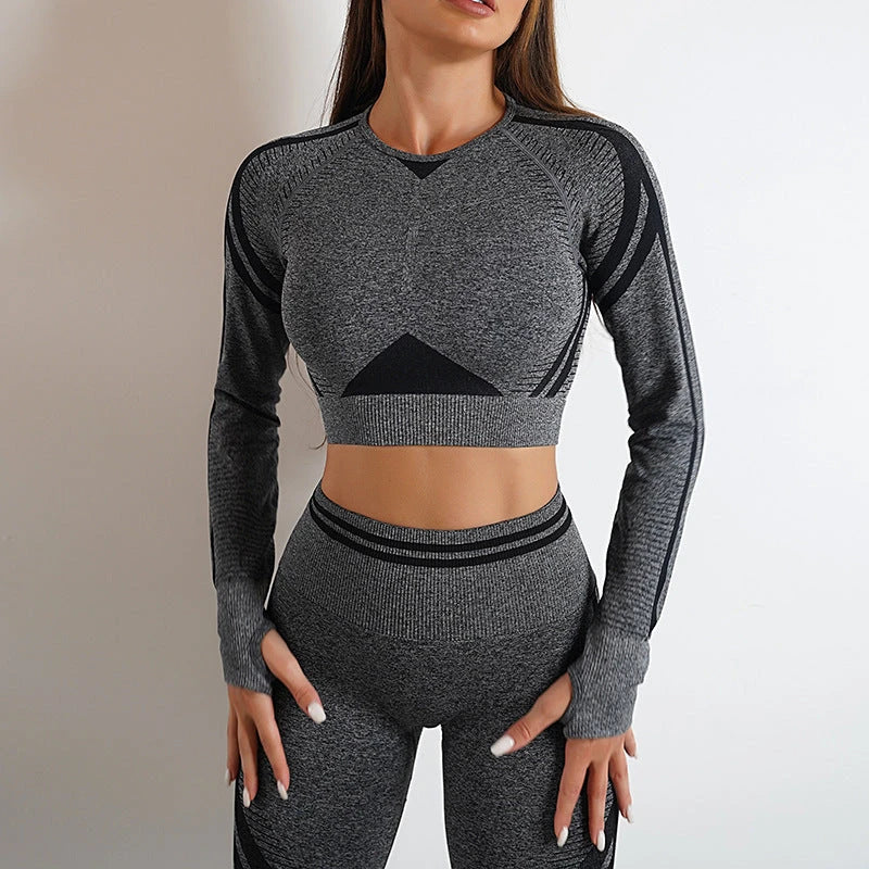 Comfortable and stylish workout wear including seamless leggings and long sleeve tops in a variety of colors