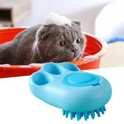 Claw-shaped pet grooming brush in pink, blue, yellow, and grey for cats and dogs