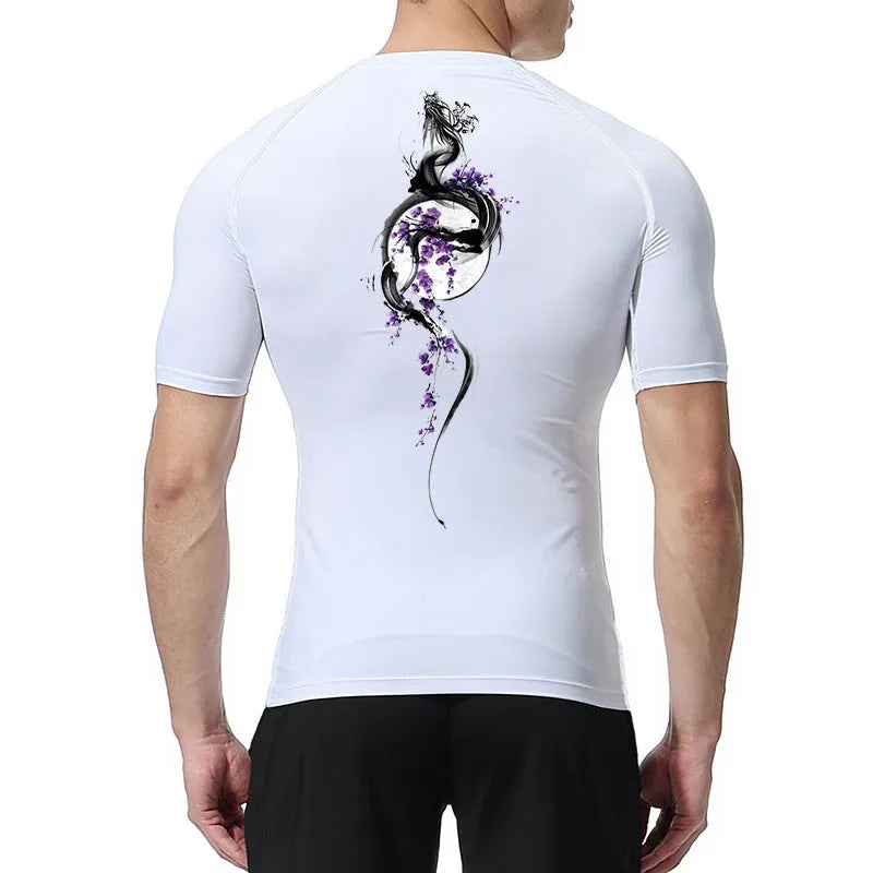 Men's short sleeve loose fit compression shirt with a sword print design on the front.