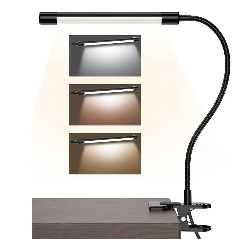 Black or white USB-powered LED desk lamp on a desk, showing its 26 cm compact length.