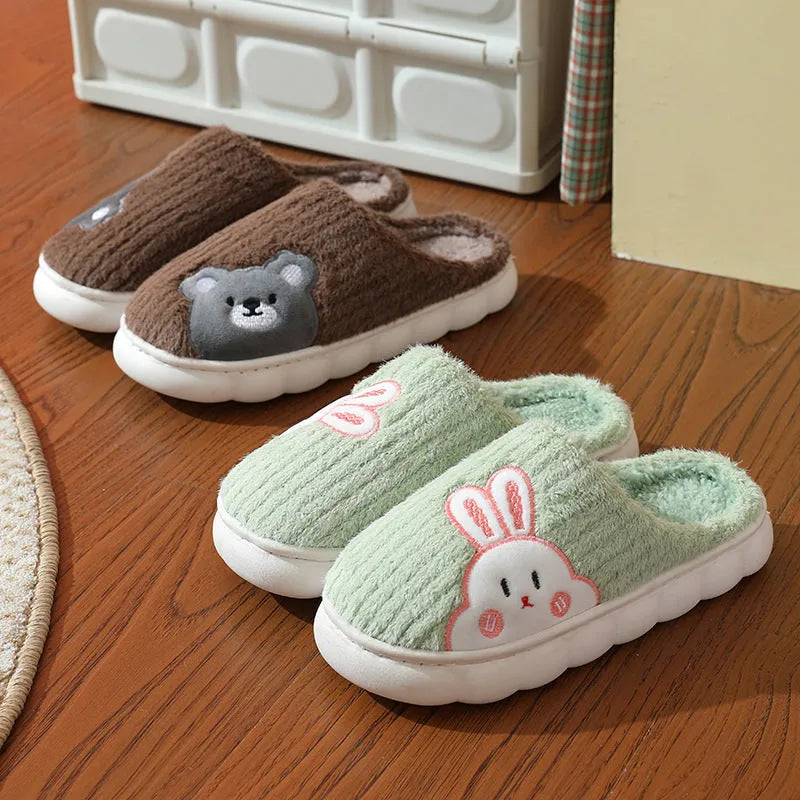 Cute rabbit striped slippers for women, thick PVC sole, plush upper, warm indoor non-slip home footwear