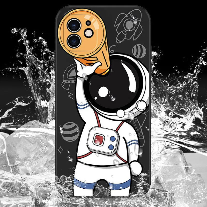 Cartoon astronaut design on a soft black silicone phone case for iPhone, showing a telescope and planets.