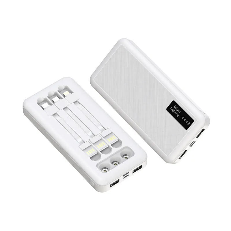 Black power bank with PVC shell, detachable cable, and light display showing battery level