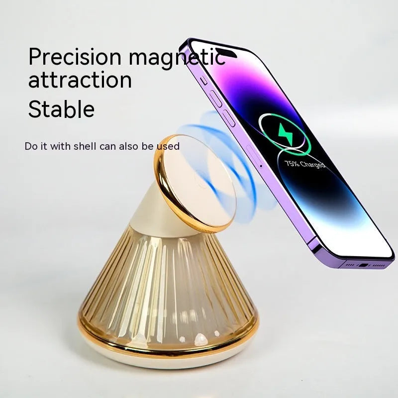 Night table lamp with wireless charging surface in champagne gold metallic finish