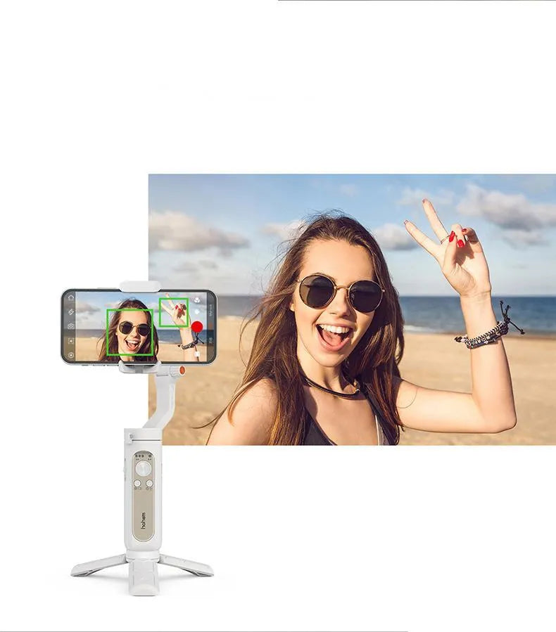 Black 3-axis smartphone stabilizer gimbal with tripod stand folded to 179mm