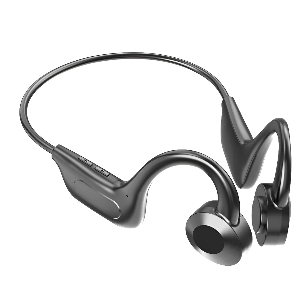 Black wireless sports headset with hanging ear design and voice control functionality