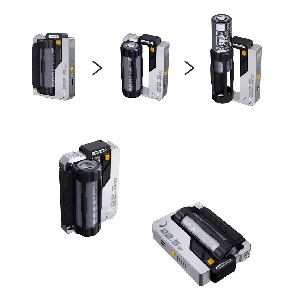 Tactical Mech USB-C power bank in Mecha Gray with cartridge replacement batteries showing front and side view