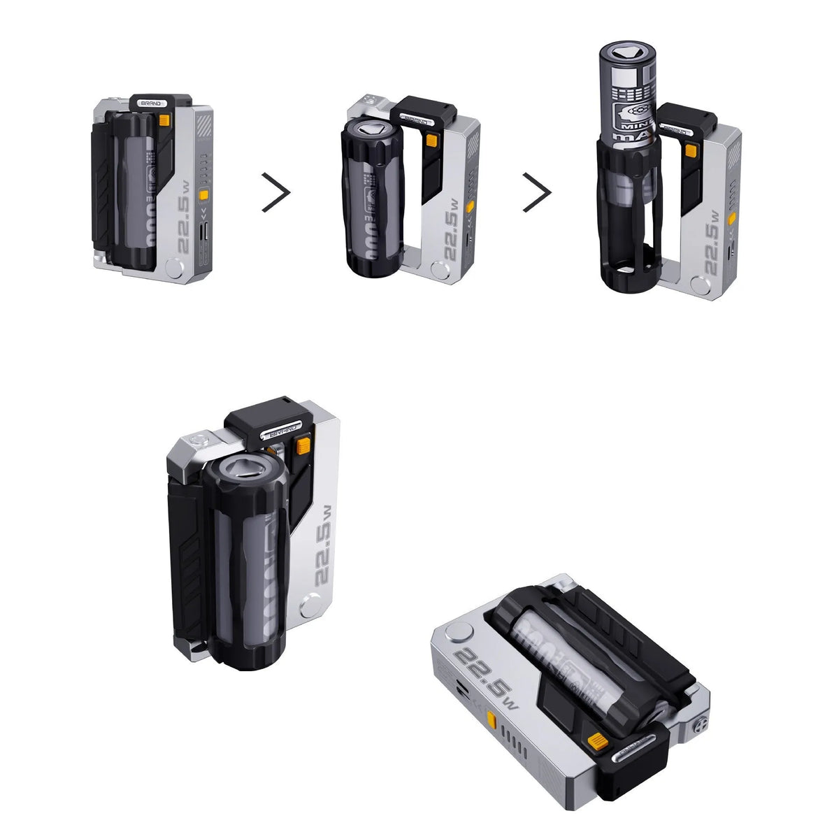 Tactical Mech USB-C power bank in Mecha Gray with cartridge replacement batteries showing front and side view