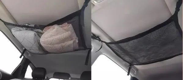 Double-layer mesh hanging car storage bag in black non-woven fabric for overhead console use