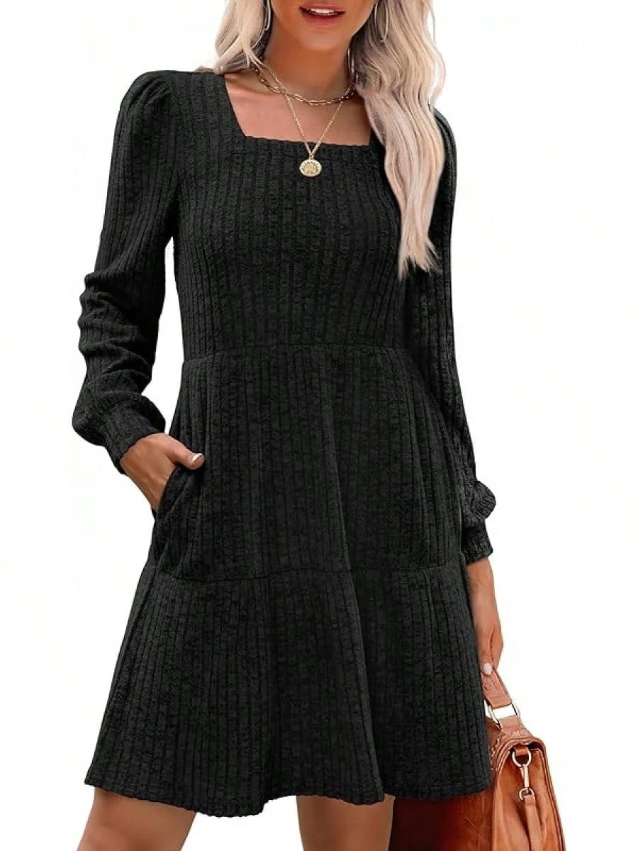 Solid colour round neck knitted dress sweater with long sleeves in various colours