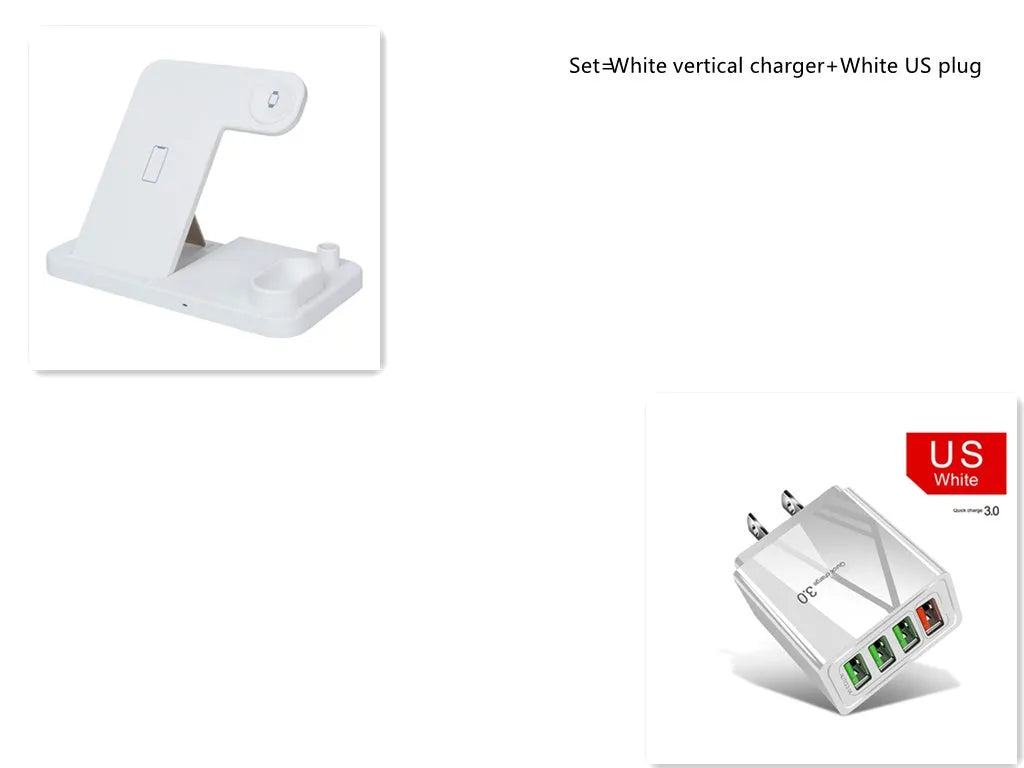 Black 4-in-1 wireless charging station showing phone on adjustable stand, with Apple Watch and AirPods charging on the base.