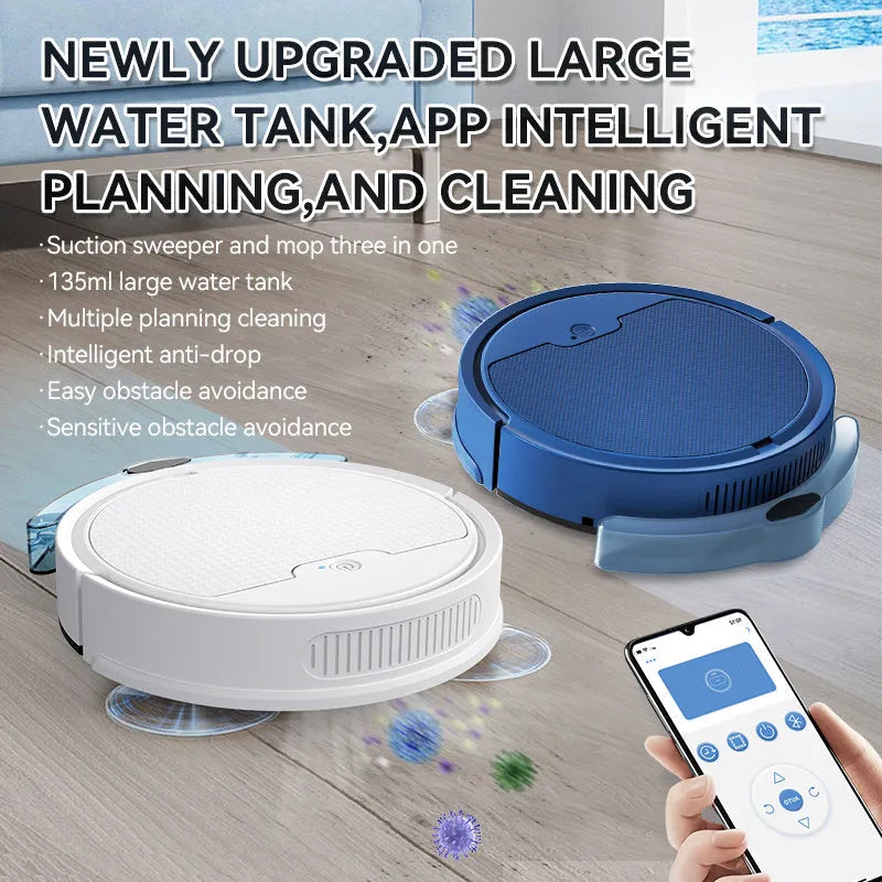 Intelligent sweeping robot in black with large water tank and planning cleaning line technology, 2000 Pa suction, app and remote control