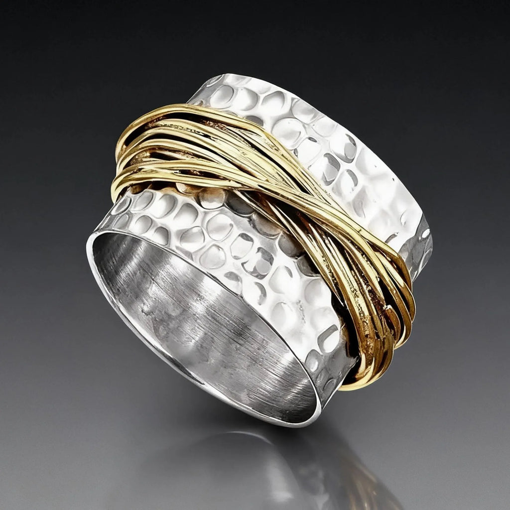Two-tone alloy ring with hammered metal coil design in sizes no.6 to no.10