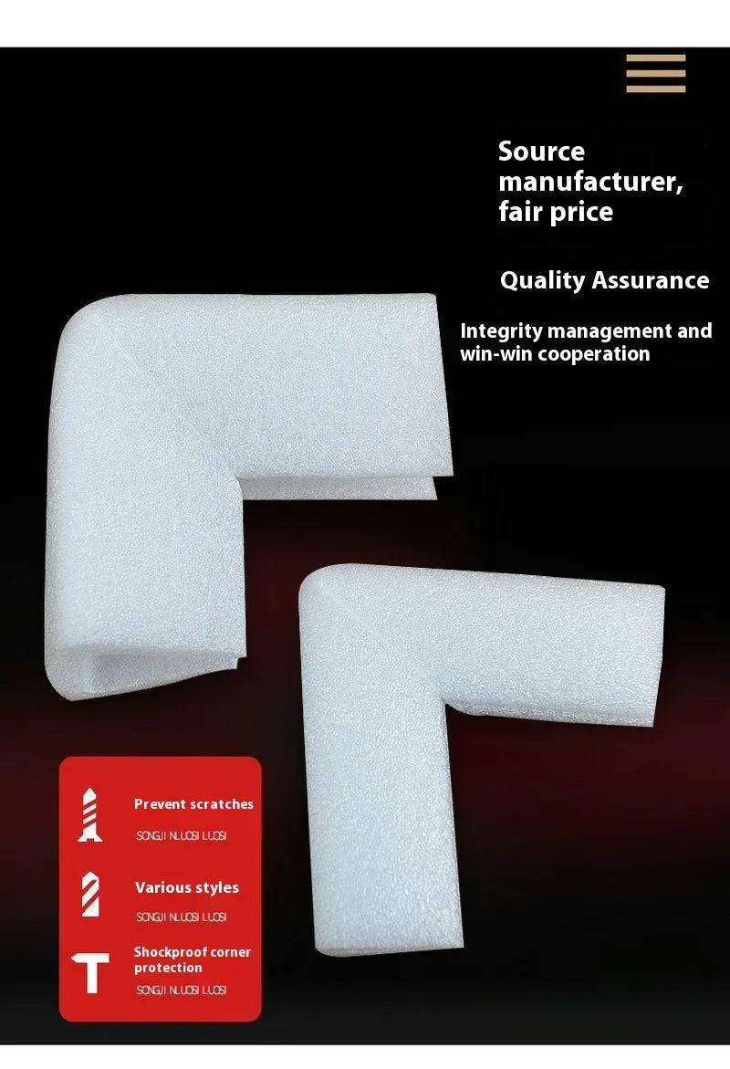 Pack of soft white EPE foam corner protectors showing the U10 style slot.
