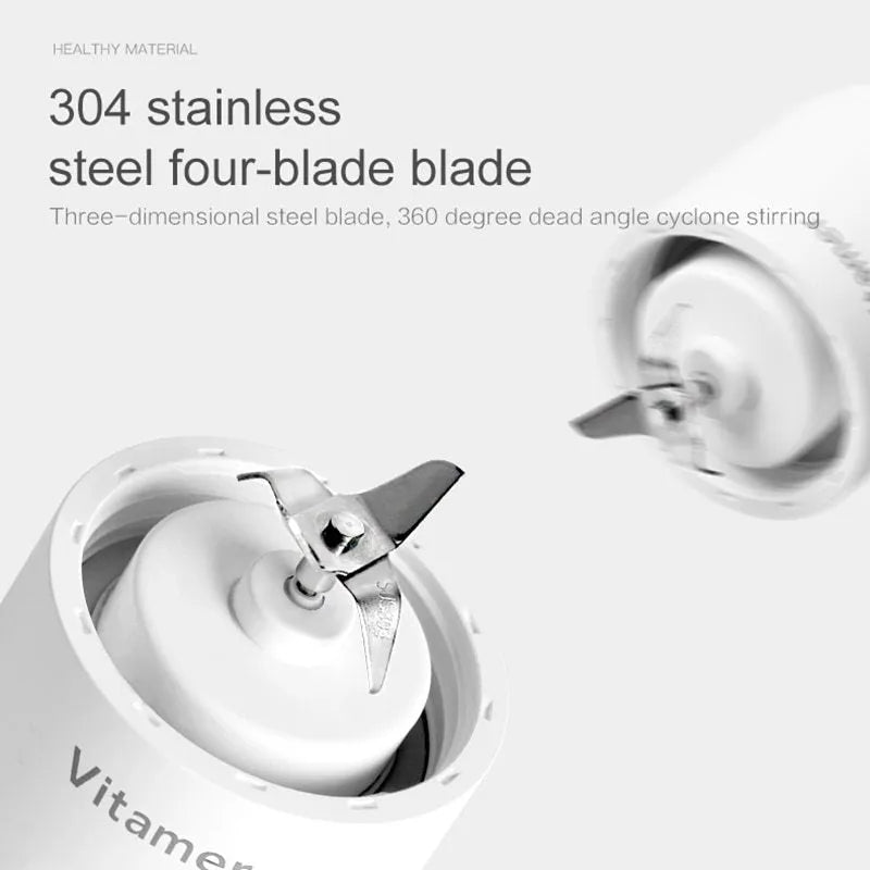 White portable USB rechargeable blender bottle with silicone handle and stainless steel blade.