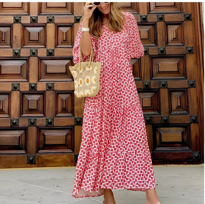 Women's vintage floral print bohemian dress with V-neck and short sleeves in green colour