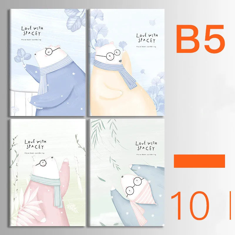 Set of 10 thread-bound A5 notebooks with kraft paper covers showing bear and sakura designs
