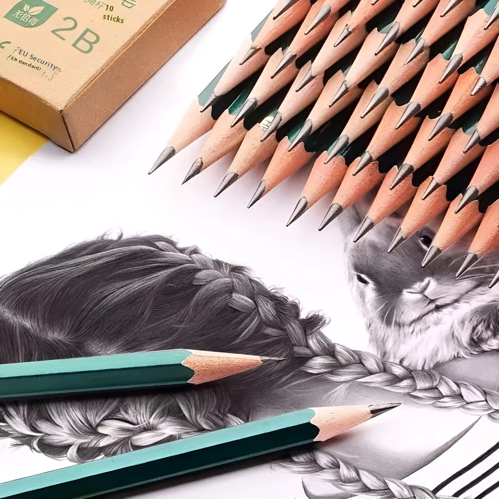 Green Rod wooden pencils set of 10 with HB and 2B graphite grades and six-angle rod design