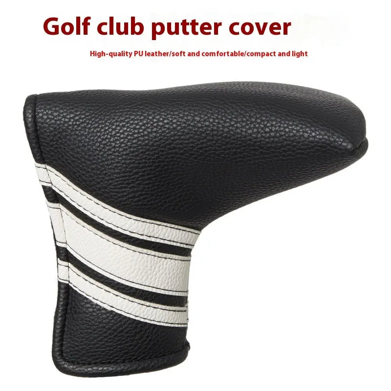 Black PU leather golf club head cover case with a sleeve for a push rod.