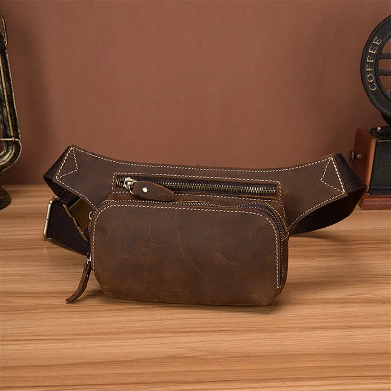 Brown top layer cowhide men's sports waist bag showing pull closure and dimensions.