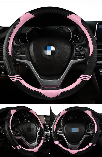 Cute cat steering wheel cover in carbon fibre black with blue accents for 38cm diameter, imitation leather material