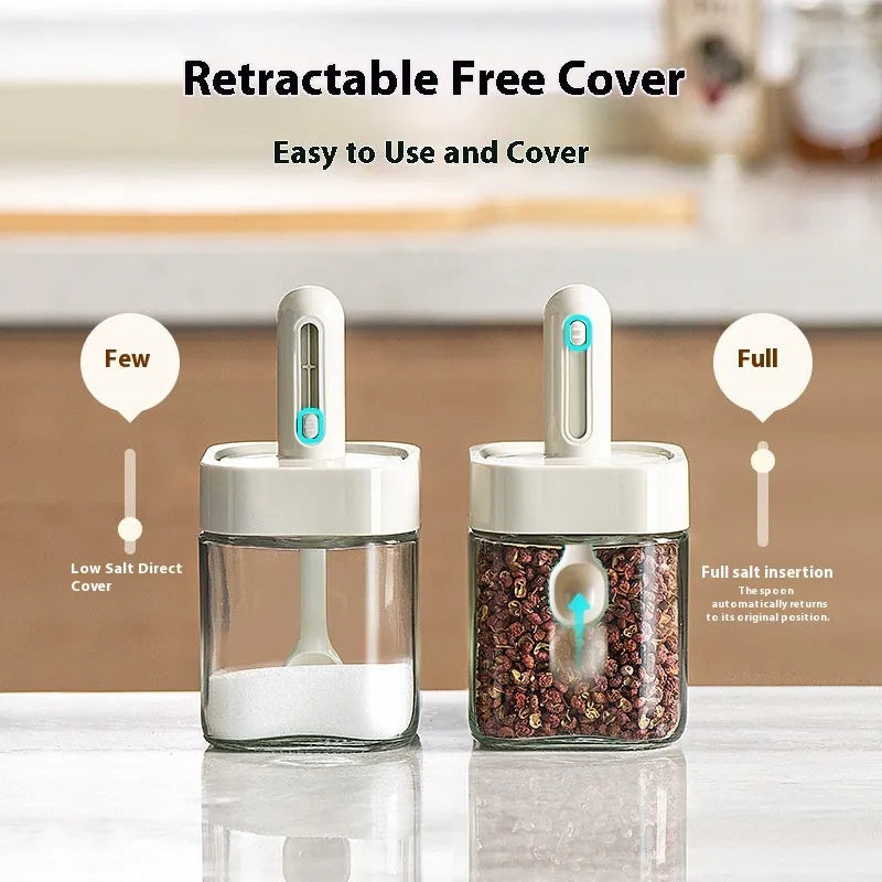 Retractable glass seasoning jar in Nordic style, available in green, warm gray, or yellow for kitchen storage