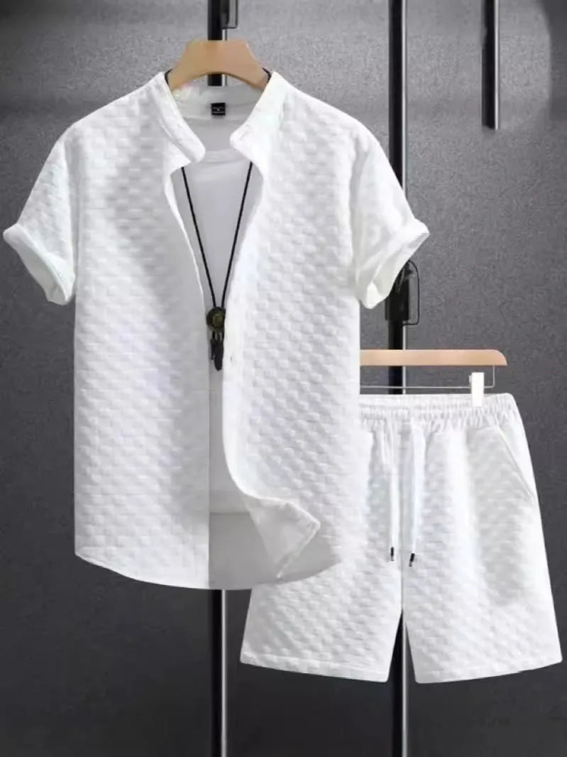 Jacquard short-sleeve shirt and matching shorts suit set in a solid colour.