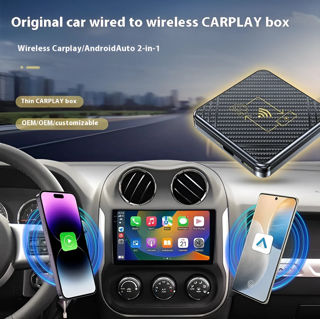Wireless CarPlay box USB adapter in gold finish for factory car radios with Android Auto support