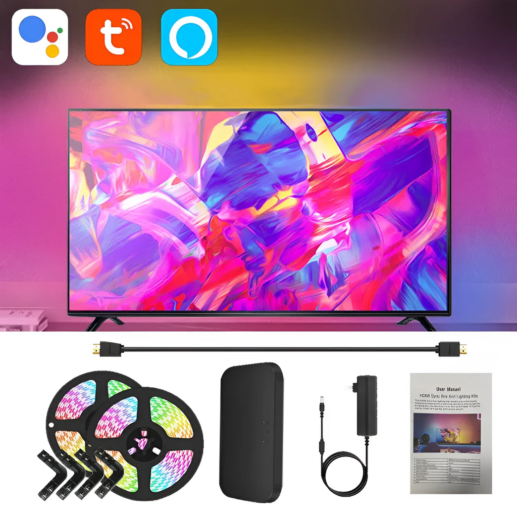 TV ambience light strip kit with app control for 32 to 150 inch televisions on a grey background.