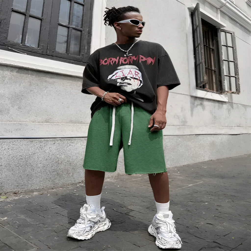 Men's straight-leg medium-long trousers in black, green, or light grey for streetwear and casual sports