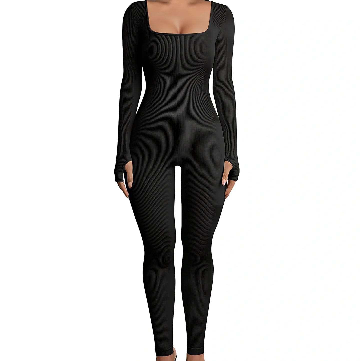 Women's black long sleeve square collar jumpsuit in polyester, size M, for yoga and street hipster style, 70cm inseam