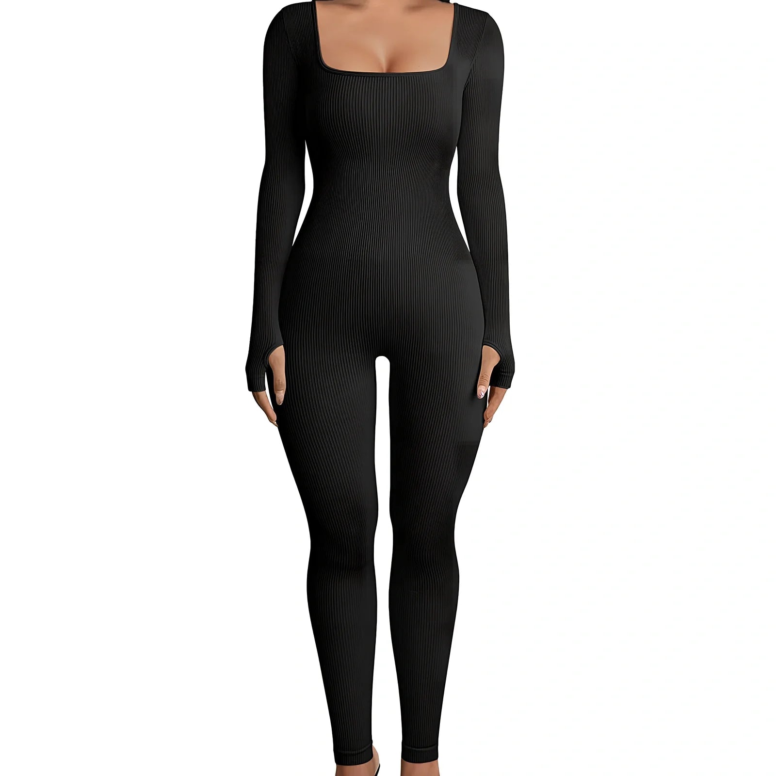 Women's black long sleeve square collar jumpsuit in polyester, size M, for yoga and street hipster style, 70cm inseam