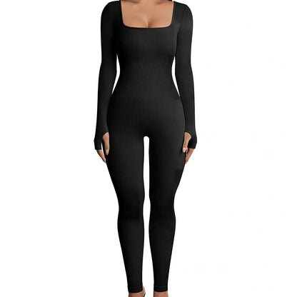 Women's black long sleeve square collar jumpsuit in polyester, size M, for yoga and street hipster style, 70cm inseam