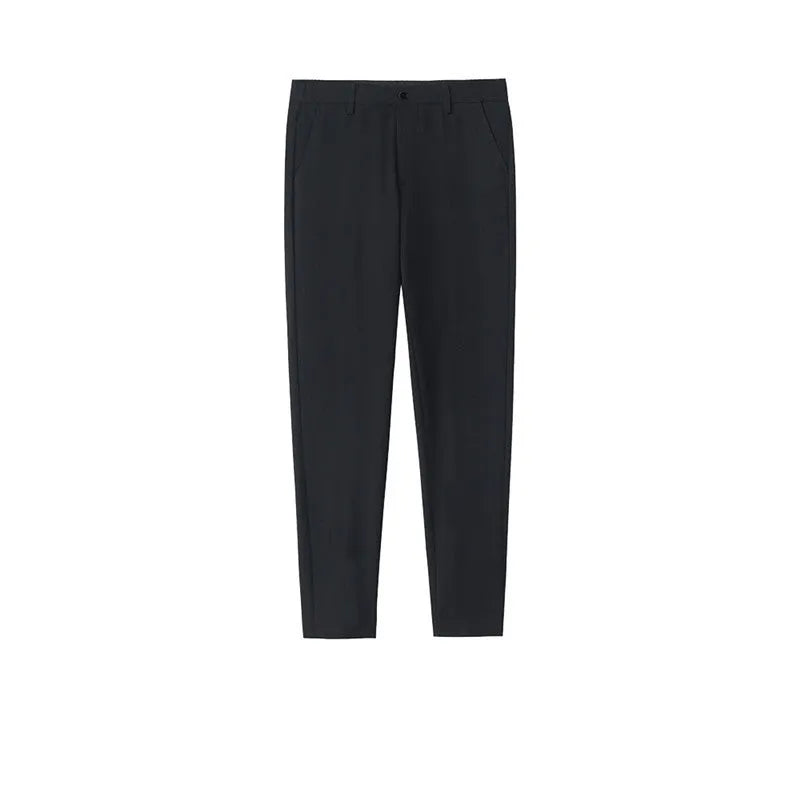 Men's slim straight-leg cotton trousers with a drawstring waist in black, shown front and side.