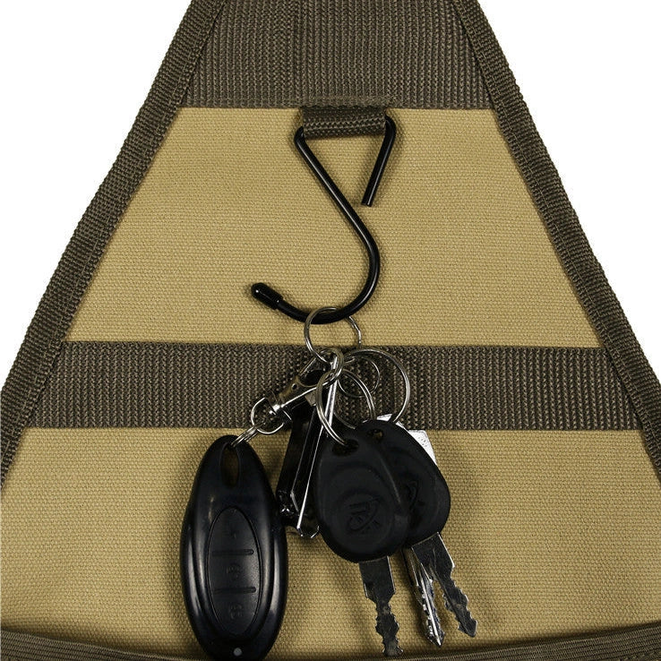 Camping tableware storage bag with 44x38cm dimensions and hanging feature for outdoor utensil organisation