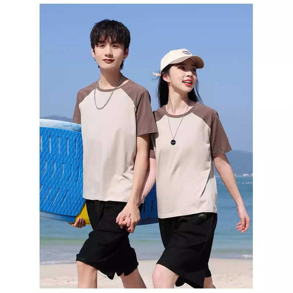 Men's round neck cotton blend t-shirt in loose fit style showing colour options including army green and wine red